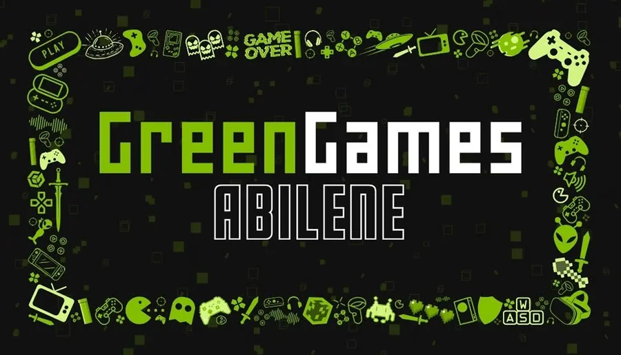 Green Games Abilene business card: the logo framed by green gaming icons on black